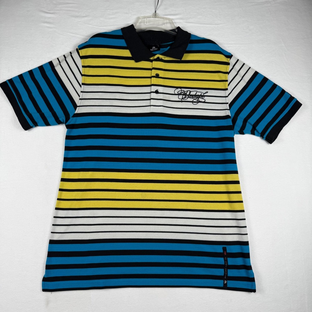 Red Ape Polo Shirt Mens L Blue Yellow Striped Embroidered Logo Y2K Streetwear
